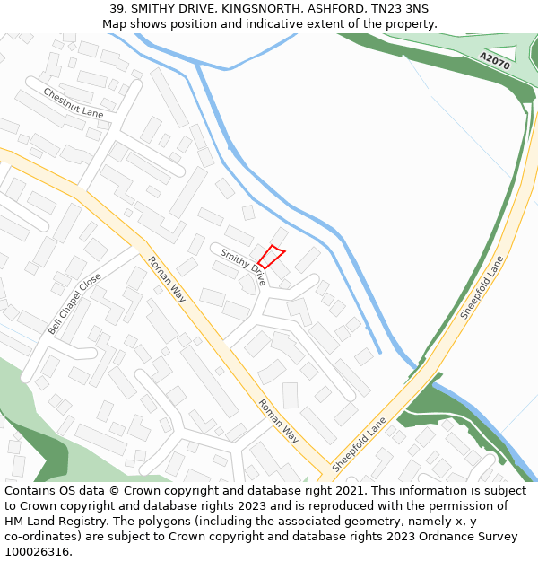 39, SMITHY DRIVE, KINGSNORTH, ASHFORD, TN23 3NS: Location map and indicative extent of plot