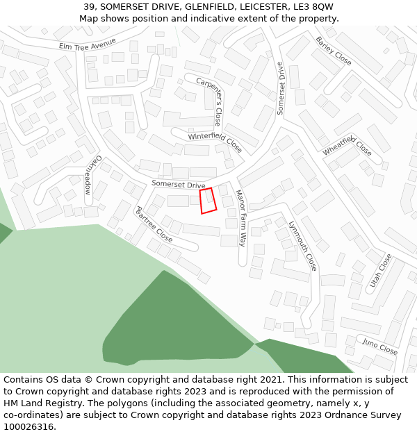 39, SOMERSET DRIVE, GLENFIELD, LEICESTER, LE3 8QW: Location map and indicative extent of plot