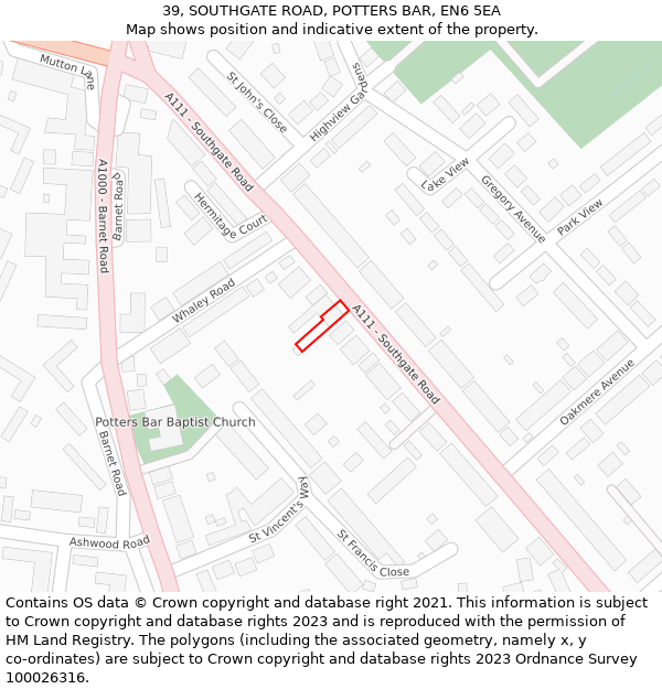 39, SOUTHGATE ROAD, POTTERS BAR, EN6 5EA: Location map and indicative extent of plot