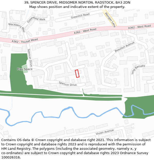 39, SPENCER DRIVE, MIDSOMER NORTON, RADSTOCK, BA3 2DN: Location map and indicative extent of plot