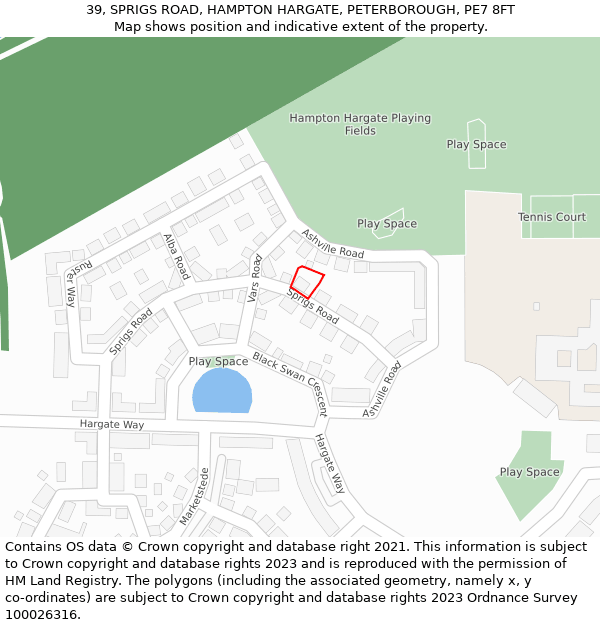 39, SPRIGS ROAD, HAMPTON HARGATE, PETERBOROUGH, PE7 8FT: Location map and indicative extent of plot