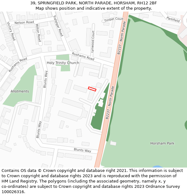 39, SPRINGFIELD PARK, NORTH PARADE, HORSHAM, RH12 2BF: Location map and indicative extent of plot