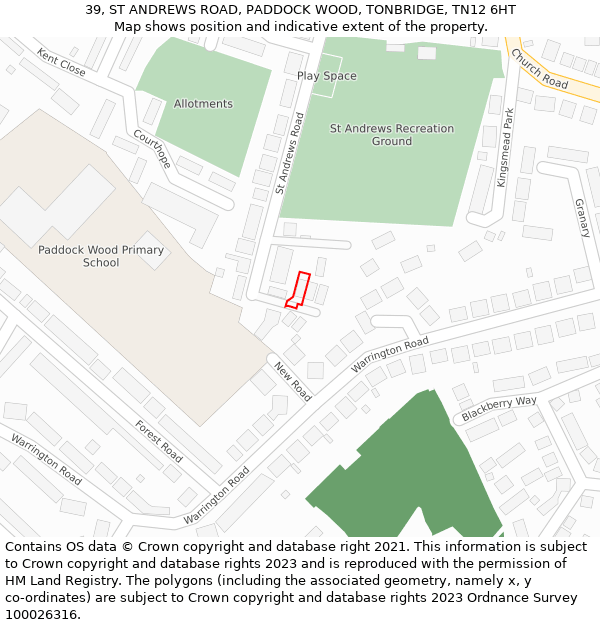 39, ST ANDREWS ROAD, PADDOCK WOOD, TONBRIDGE, TN12 6HT: Location map and indicative extent of plot