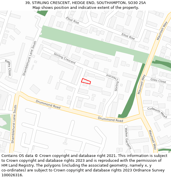 39, STIRLING CRESCENT, HEDGE END, SOUTHAMPTON, SO30 2SA: Location map and indicative extent of plot