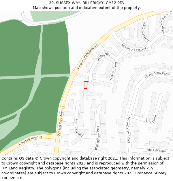 39, SUSSEX WAY, BILLERICAY, CM12 0FA: Location map and indicative extent of plot