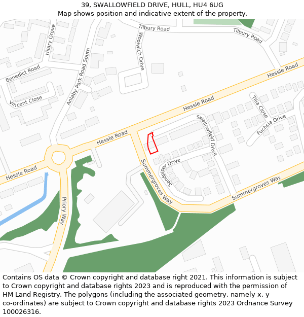 39, SWALLOWFIELD DRIVE, HULL, HU4 6UG: Location map and indicative extent of plot