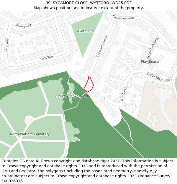 39, SYCAMORE CLOSE, WATFORD, WD25 0DF: Location map and indicative extent of plot