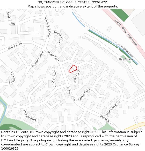 39, TANGMERE CLOSE, BICESTER, OX26 4YZ: Location map and indicative extent of plot