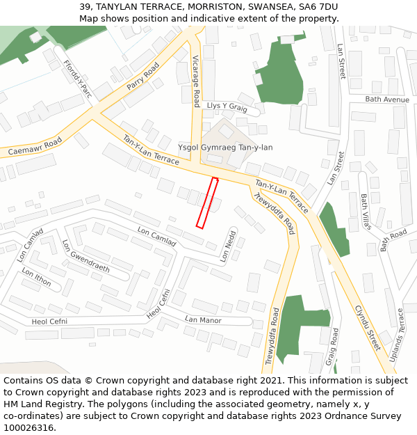 39, TANYLAN TERRACE, MORRISTON, SWANSEA, SA6 7DU: Location map and indicative extent of plot