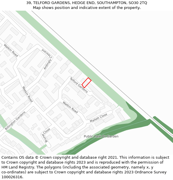 39, TELFORD GARDENS, HEDGE END, SOUTHAMPTON, SO30 2TQ: Location map and indicative extent of plot