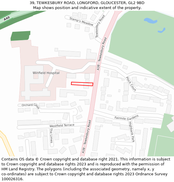 39, TEWKESBURY ROAD, LONGFORD, GLOUCESTER, GL2 9BD: Location map and indicative extent of plot