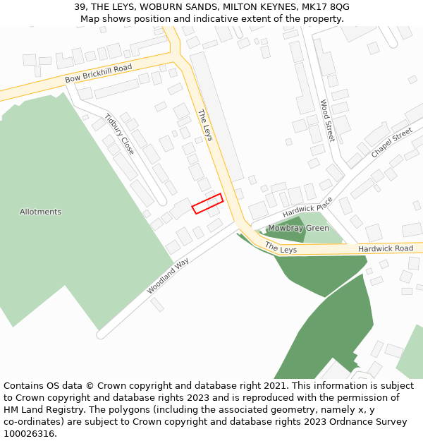 39, THE LEYS, WOBURN SANDS, MILTON KEYNES, MK17 8QG: Location map and indicative extent of plot