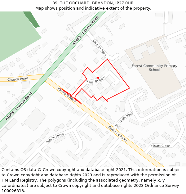 39, THE ORCHARD, BRANDON, IP27 0HR: Location map and indicative extent of plot