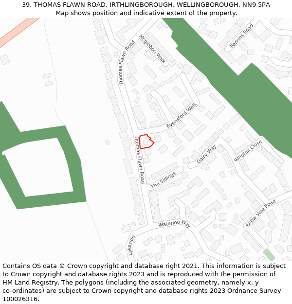 39, THOMAS FLAWN ROAD, IRTHLINGBOROUGH, WELLINGBOROUGH, NN9 5PA: Location map and indicative extent of plot