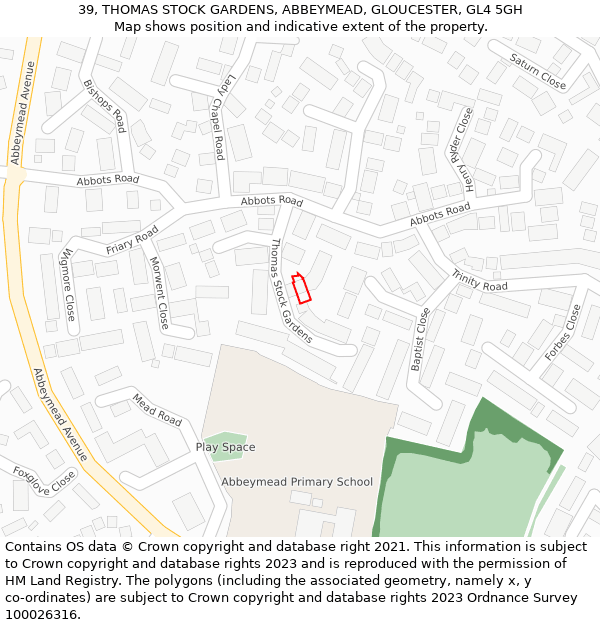 39, THOMAS STOCK GARDENS, ABBEYMEAD, GLOUCESTER, GL4 5GH: Location map and indicative extent of plot