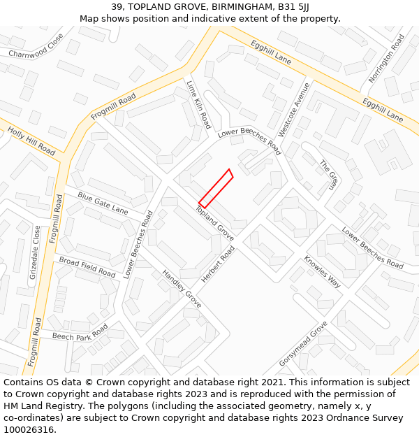 39, TOPLAND GROVE, BIRMINGHAM, B31 5JJ: Location map and indicative extent of plot