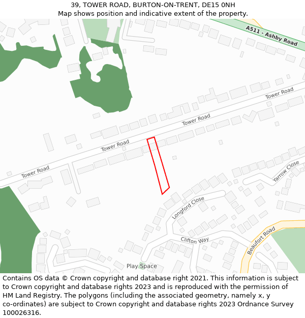 39, TOWER ROAD, BURTON-ON-TRENT, DE15 0NH: Location map and indicative extent of plot