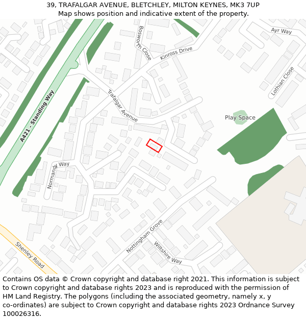 39, TRAFALGAR AVENUE, BLETCHLEY, MILTON KEYNES, MK3 7UP: Location map and indicative extent of plot