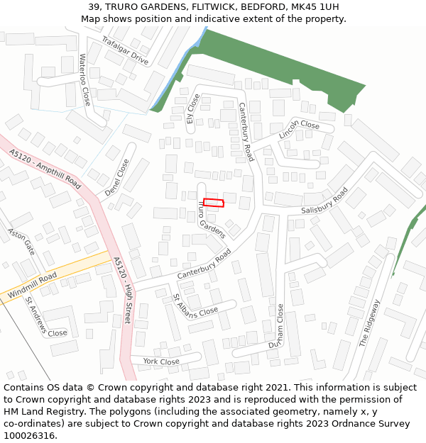 39, TRURO GARDENS, FLITWICK, BEDFORD, MK45 1UH: Location map and indicative extent of plot