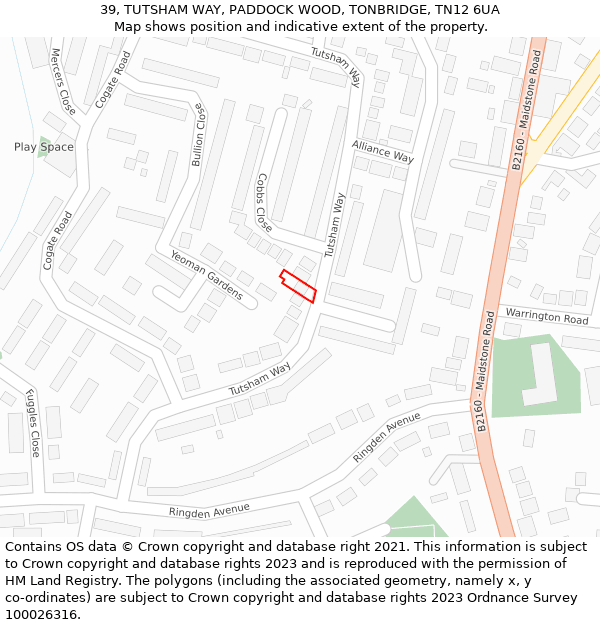 39, TUTSHAM WAY, PADDOCK WOOD, TONBRIDGE, TN12 6UA: Location map and indicative extent of plot