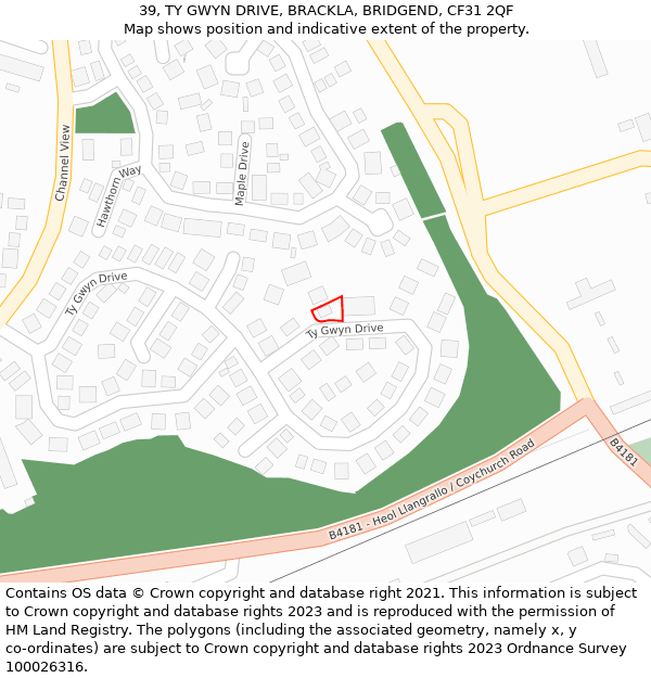 39, TY GWYN DRIVE, BRACKLA, BRIDGEND, CF31 2QF: Location map and indicative extent of plot