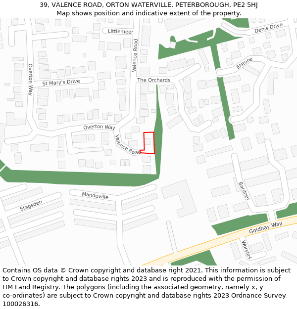 39, VALENCE ROAD, ORTON WATERVILLE, PETERBOROUGH, PE2 5HJ: Location map and indicative extent of plot