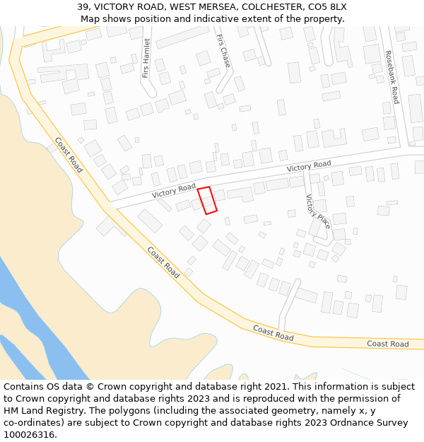 39, VICTORY ROAD, WEST MERSEA, COLCHESTER, CO5 8LX: Location map and indicative extent of plot