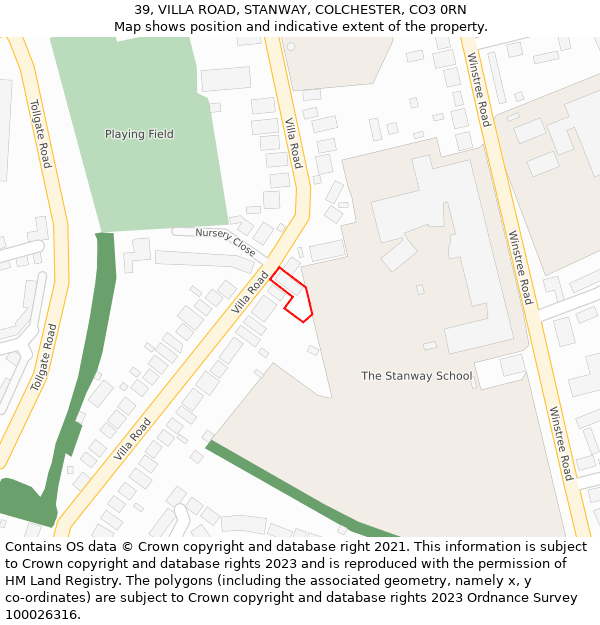 39, VILLA ROAD, STANWAY, COLCHESTER, CO3 0RN: Location map and indicative extent of plot