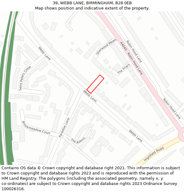 39, WEBB LANE, BIRMINGHAM, B28 0EB: Location map and indicative extent of plot