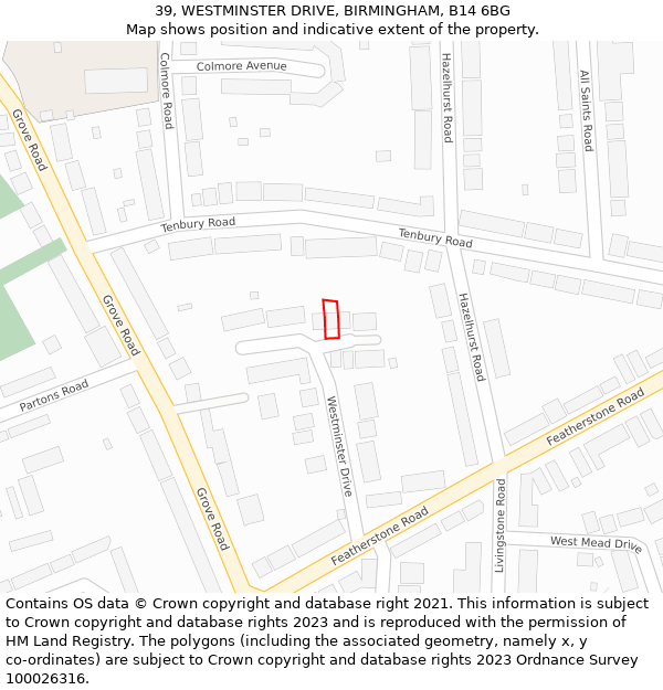 39, WESTMINSTER DRIVE, BIRMINGHAM, B14 6BG: Location map and indicative extent of plot