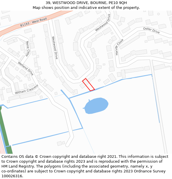 39, WESTWOOD DRIVE, BOURNE, PE10 9QH: Location map and indicative extent of plot