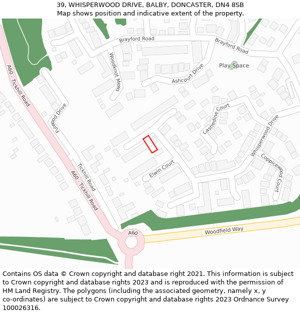 39, WHISPERWOOD DRIVE, BALBY, DONCASTER, DN4 8SB: Location map and indicative extent of plot