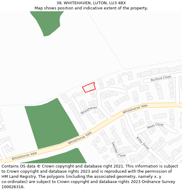 39, WHITEHAVEN, LUTON, LU3 4BX: Location map and indicative extent of plot