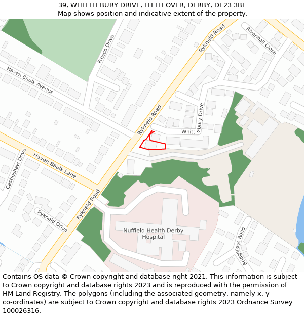 39, WHITTLEBURY DRIVE, LITTLEOVER, DERBY, DE23 3BF: Location map and indicative extent of plot