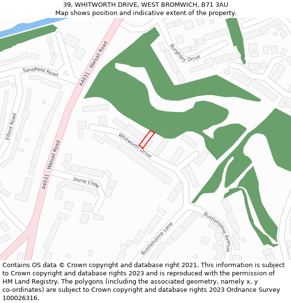 39, WHITWORTH DRIVE, WEST BROMWICH, B71 3AU: Location map and indicative extent of plot