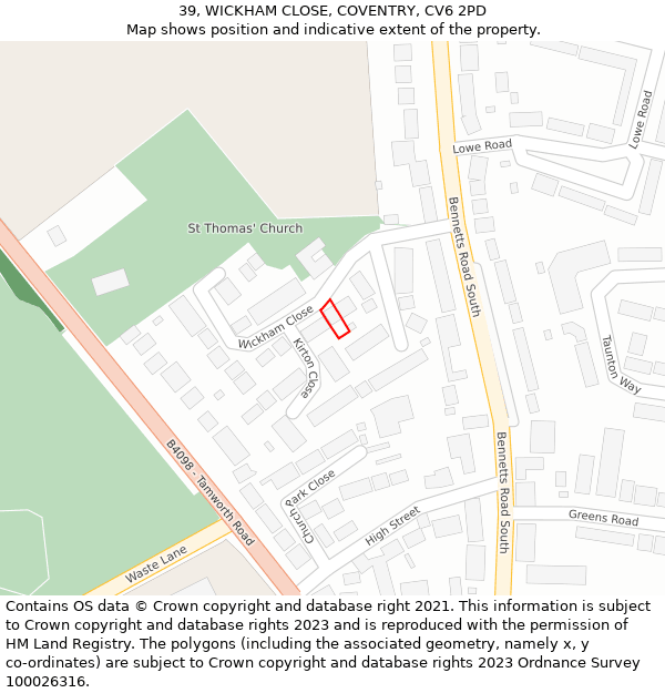 39, WICKHAM CLOSE, COVENTRY, CV6 2PD: Location map and indicative extent of plot