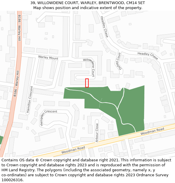 39, WILLOWDENE COURT, WARLEY, BRENTWOOD, CM14 5ET: Location map and indicative extent of plot