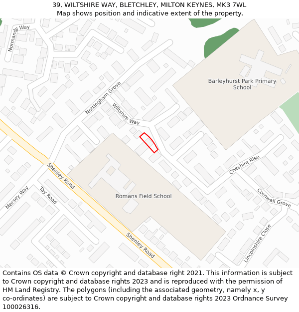 39, WILTSHIRE WAY, BLETCHLEY, MILTON KEYNES, MK3 7WL: Location map and indicative extent of plot