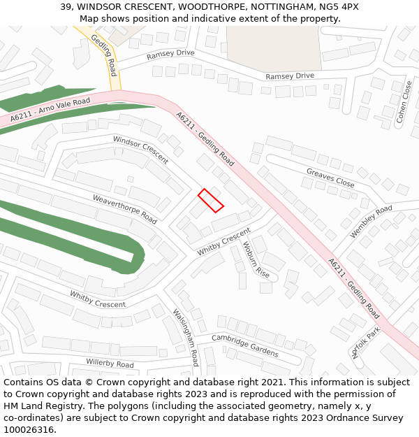 39, WINDSOR CRESCENT, WOODTHORPE, NOTTINGHAM, NG5 4PX: Location map and indicative extent of plot