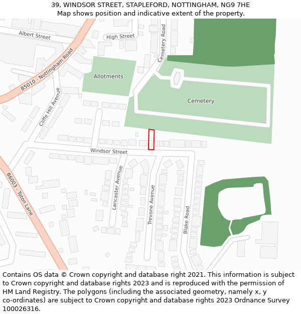 39, WINDSOR STREET, STAPLEFORD, NOTTINGHAM, NG9 7HE: Location map and indicative extent of plot