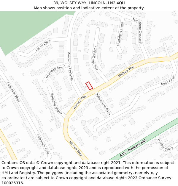 39, WOLSEY WAY, LINCOLN, LN2 4QH: Location map and indicative extent of plot