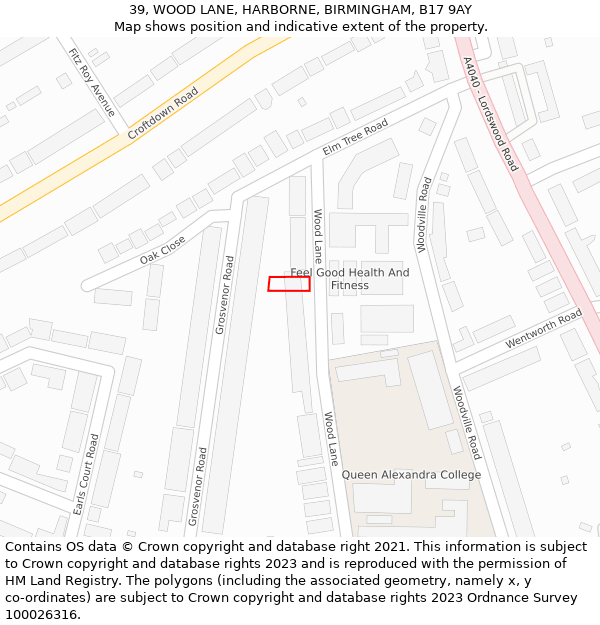 39, WOOD LANE, HARBORNE, BIRMINGHAM, B17 9AY: Location map and indicative extent of plot