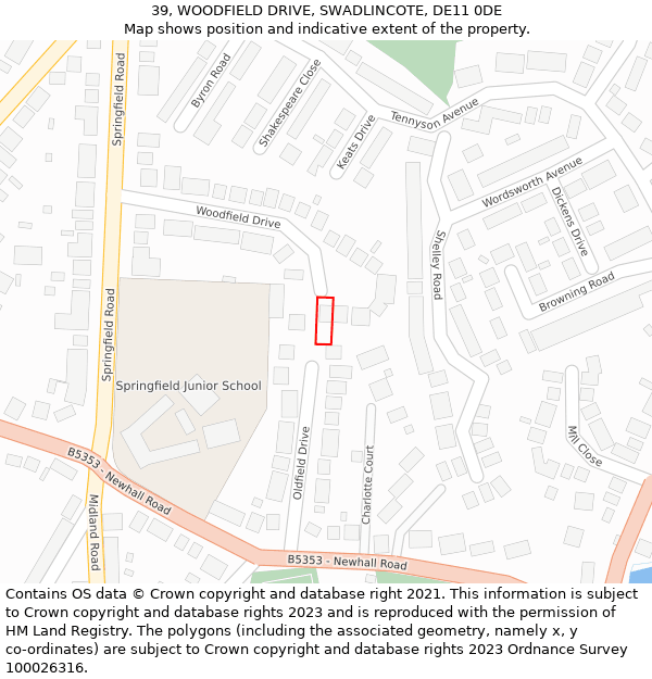 39, WOODFIELD DRIVE, SWADLINCOTE, DE11 0DE: Location map and indicative extent of plot