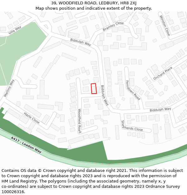 39, WOODFIELD ROAD, LEDBURY, HR8 2XJ: Location map and indicative extent of plot