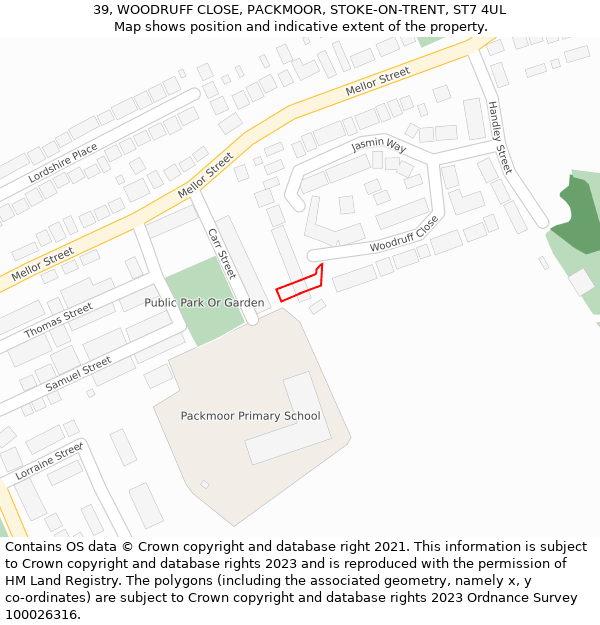 39, WOODRUFF CLOSE, PACKMOOR, STOKE-ON-TRENT, ST7 4UL: Location map and indicative extent of plot