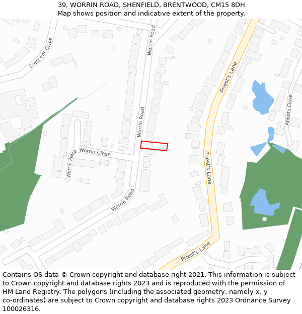 39, WORRIN ROAD, SHENFIELD, BRENTWOOD, CM15 8DH: Location map and indicative extent of plot