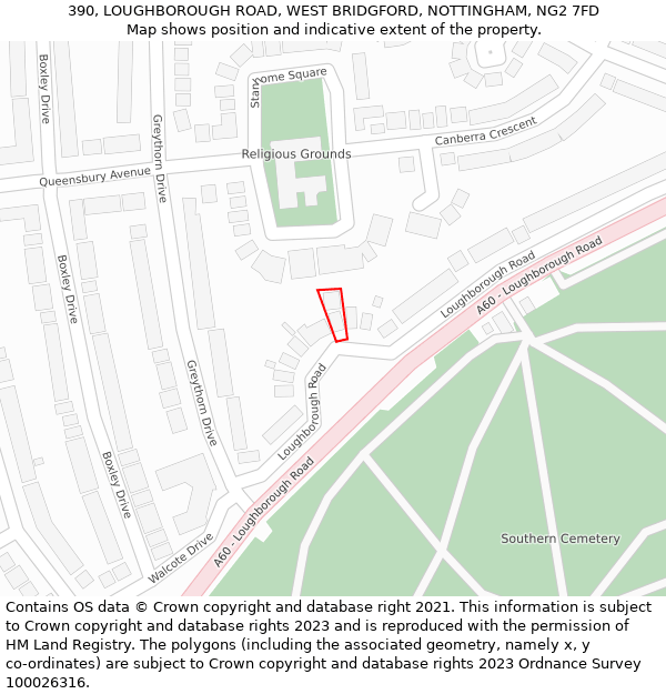 390, LOUGHBOROUGH ROAD, WEST BRIDGFORD, NOTTINGHAM, NG2 7FD: Location map and indicative extent of plot