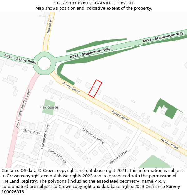 392, ASHBY ROAD, COALVILLE, LE67 3LE: Location map and indicative extent of plot