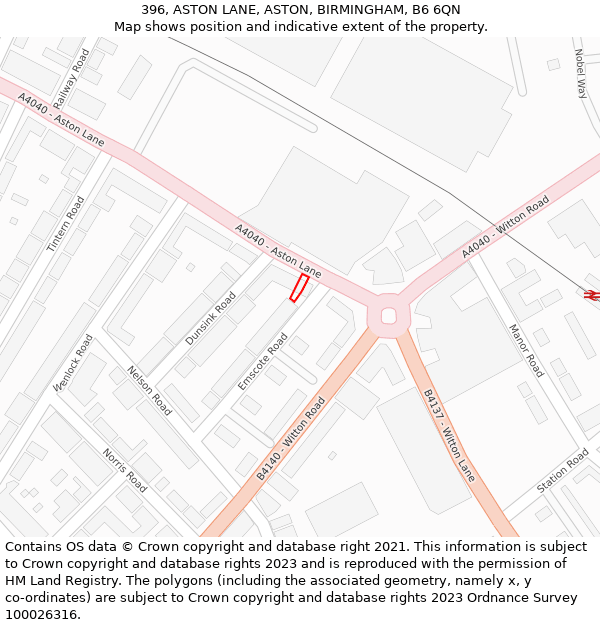 396, ASTON LANE, ASTON, BIRMINGHAM, B6 6QN: Location map and indicative extent of plot