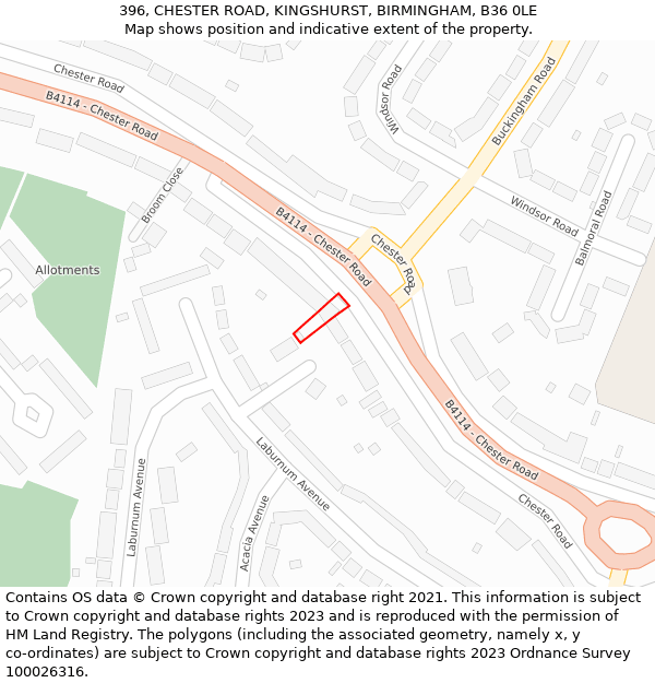 396, CHESTER ROAD, KINGSHURST, BIRMINGHAM, B36 0LE: Location map and indicative extent of plot